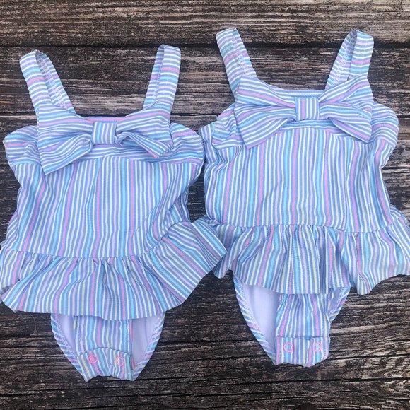 New Set of 2 Twins Crown & Ivy Baby Girls Striped One Piece Swimsuits  Size 12M - Picture 1 of 4